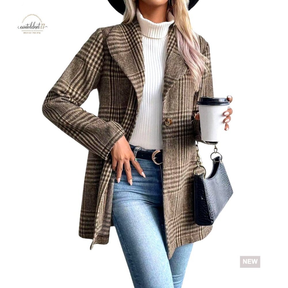 Women's Wool Blend Plaid Blazer Coat Shawl Collar Vintage Office Style